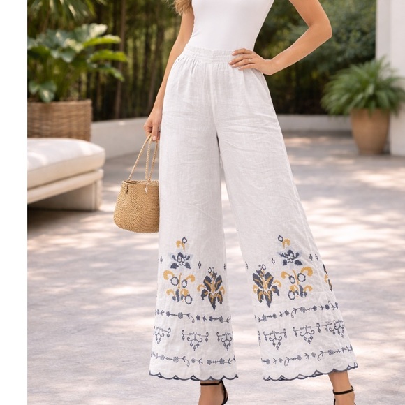 Nicole Miller Pants - New Nicole Miller White Wide-Leg Pants with Blue and Yellow Embroidery size L